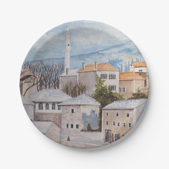 Mostar, Bosnia - Acrylic Townscape Painting Paper Plates (Front)