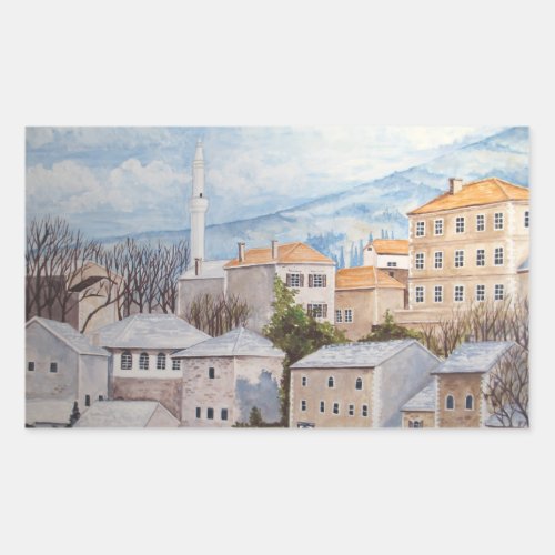 Mostar Bosnia _ Acrylic Townscape Painting Rectangular Sticker
