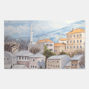 Mostar, Bosnia - Acrylic Townscape Painting Rectangular Sticker