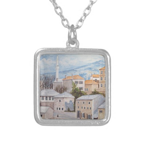 Mostar Bosnia _ Acrylic Townscape Painting Silver Plated Necklace