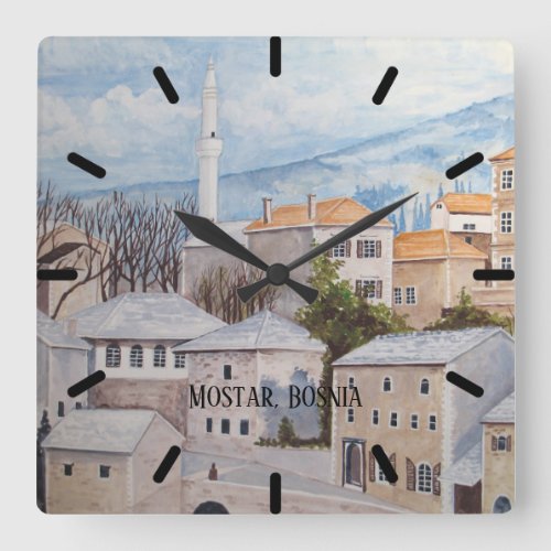 Mostar Bosnia _ Acrylic Townscape Painting Square Wall Clock