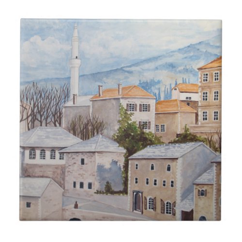 Mostar Bosnia _ Acrylic Townscape Painting Tile
