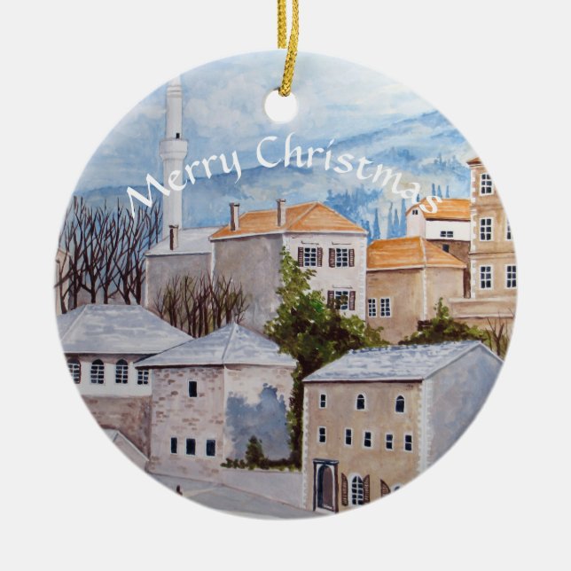 Mostar Bosnia Townscape Painting Ceramic Ornament (Front)