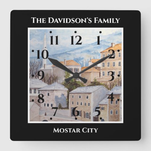 Mostar City Bosnia Acrylic Townscape Painting Square Wall Clock