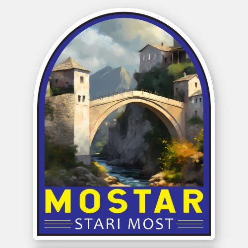 Mostar Stari Most Travel Oil Painting Art Vintage Sticker