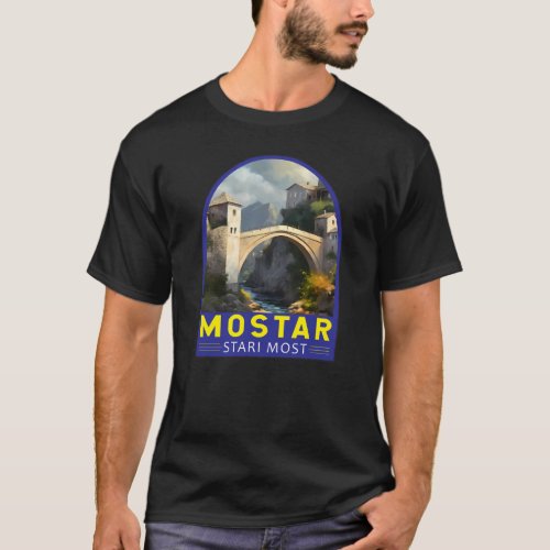 Mostar Stari Most Travel Oil Painting Art Vintage T_Shirt