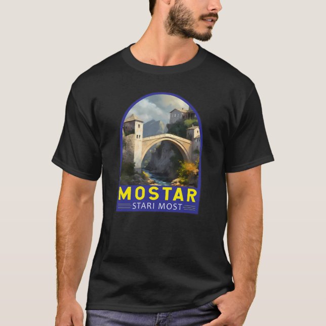 Mostar Stari Most Travel Oil Painting Art Vintage T-Shirt (Front)