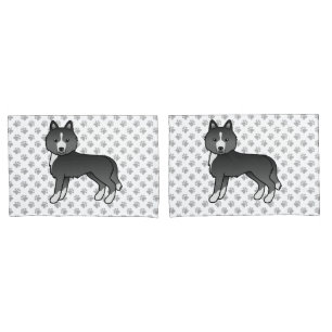Mostly Black Siberian Husky Cartoon Dog And Paws Pillow Case