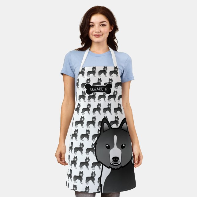 Mostly Black Siberian Husky Cartoon Dog & Name Apron (Worn)