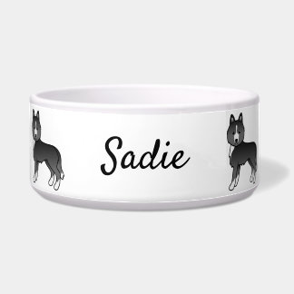 Mostly Black Siberian Husky Cartoon Dog &amp; Name Bowl