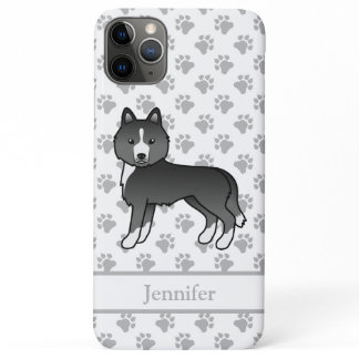 Mostly Black Siberian Husky Cartoon Dog &amp; Name iPhone 11 Pro Max Case