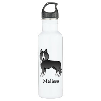 Mostly Black Siberian Husky Cartoon Dog &amp; Name Stainless Steel Water Bottle