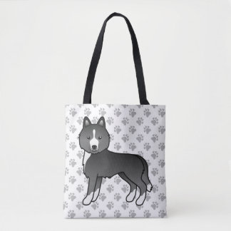 Mostly Black Siberian Husky Cartoon Dog &amp; Paws Tote Bag