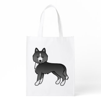 Mostly Black Siberian Husky Cute Cartoon Dog Grocery Bag