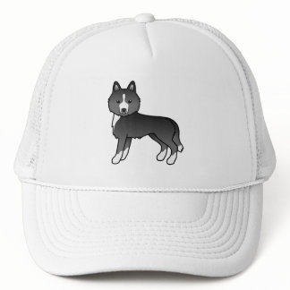 Mostly Black Siberian Husky Cute Cartoon Dog Trucker Hat