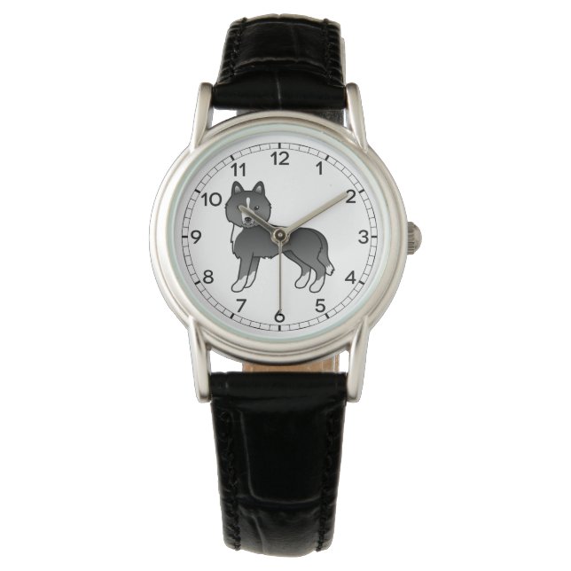 Mostly Black Siberian Husky Cute Cartoon Dog Watch (Front)