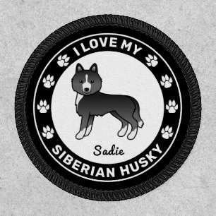 Mostly Black Siberian Husky Cute Dog Love & Name Patch