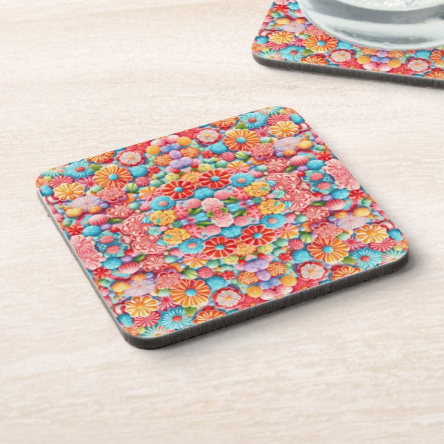 Mostly pink floral pattern design beverage coaster (Left Side)