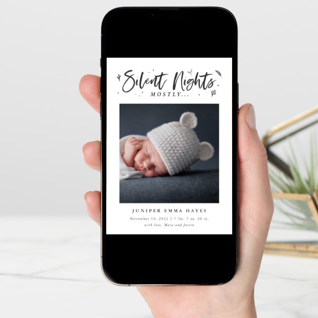 Mostly Silent Nights Christmas Baby Photo Birth Announcement (Front Digital)