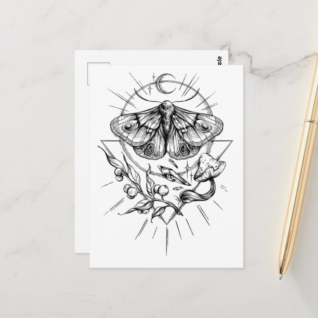 Moth and Mushrooms Black and White Postcard (Front/Back In Situ)