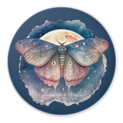 Moth illustration and custom text gray blue gray ceramic knob