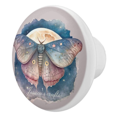 Moth illustration and custom text gray gray blue ceramic knob