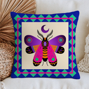 Moth Illustration with Crescent Moon Blue Mystical Throw Pillow