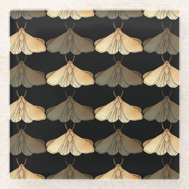 Moth in gold pattern glass coaster (Front)