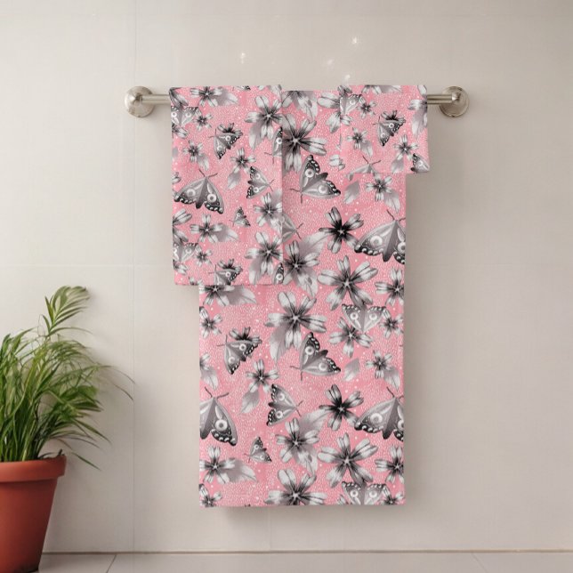 Moth Meadow Pink Bath Towel Set (Creator Uploaded)