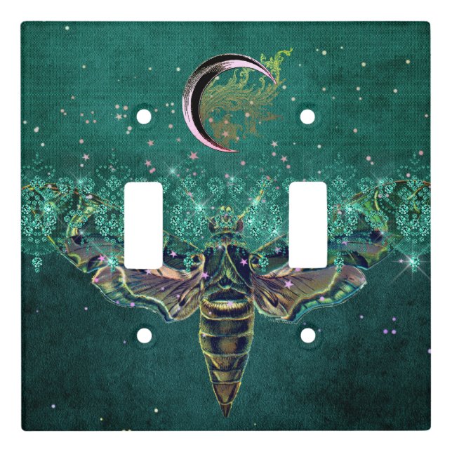 Moth moon Elegant emerald night sparkle lace green Light Switch Cover (Front)
