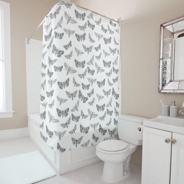 Moth Pattern Moths Cool Elegant Black Gray White Shower Curtain (In Situ)