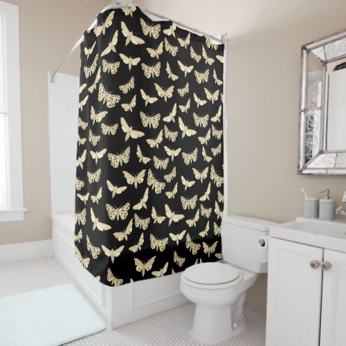 Moth Pattern Moths Neutral Earthy Black Cream Shower Curtain