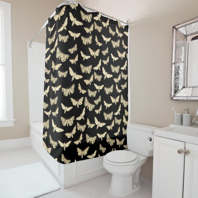 Moth Pattern Moths Neutral Earthy Black Cream Shower Curtain (In Situ)