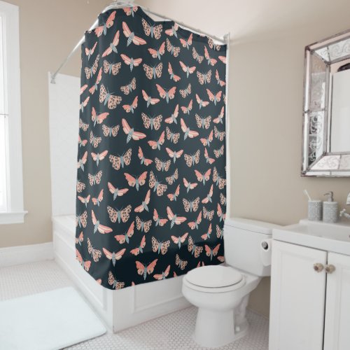Moth Pattern Pink Blue Navy Shower Curtain