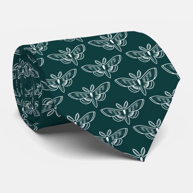 Moth Pattern - White on Dark Green Neck Tie (Rolled)