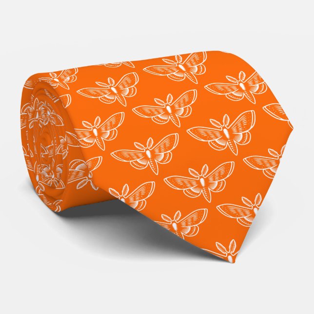 Moth Pattern - White on Orange Neck Tie (Rolled)