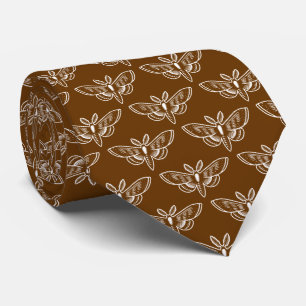 Moth Pattern - White on Walnut Brown Neck Tie