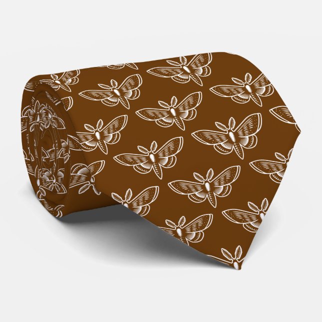 Moth Pattern - White on Walnut Brown Neck Tie (Rolled)