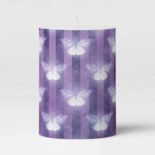 Moth white purple striped pattern mystical  pillar candle (Front)