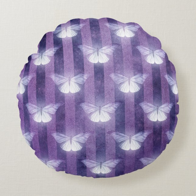 Moth white purple striped pattern mystical  round pillow (Front)
