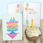 Mother 40th Birthday Cake Number Candles  Card<br><div class="desc">A birthday card for your 40 year old mother. "Happy Birthday" is on each layer of the cake with pink decorative icing separating them. A subtle background of yellow and blue anchors the design. Bright colors and a bold graphic styling give this birthday wish a festive feel. You can also...</div>