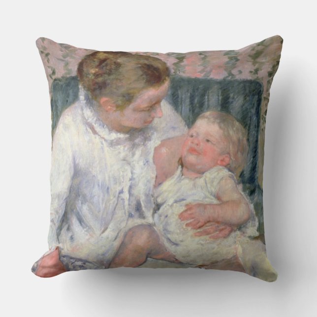 Mother about to Wash her Sleepy Child, 1880 (oil o Throw Pillow (Front)