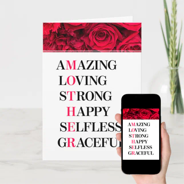 Mother Acronym Red Roses Mother's Day Card Zazzle