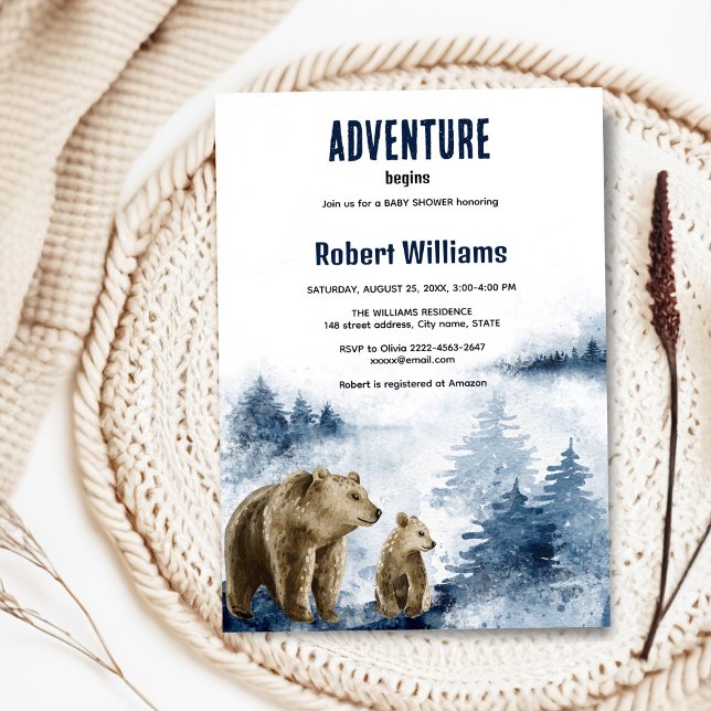 Mother and baby bear watercolor forest invitation  (Watercolor foggy forest blue baby shower invitation )
