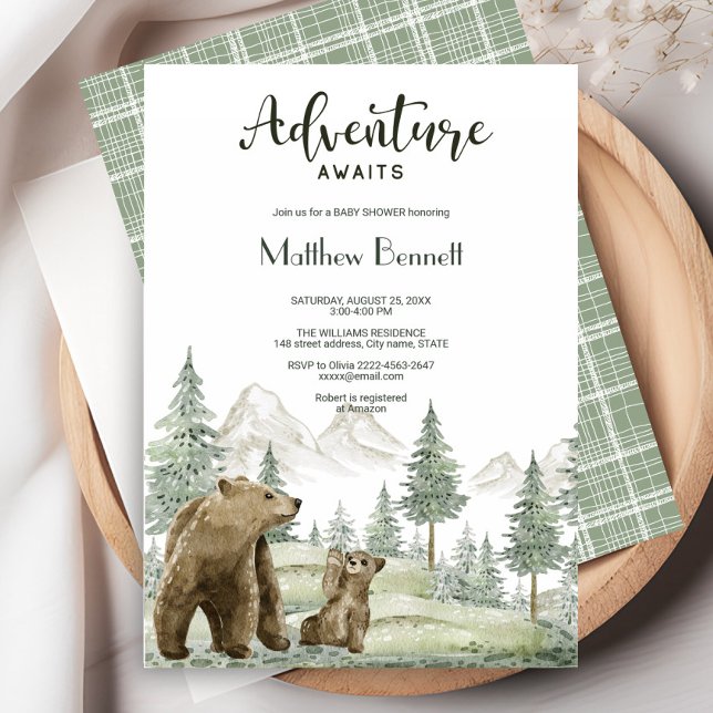 Mother and baby bear watercolor forest invitation (Sage green baby shower invitation featuring watercolor forest and bear design)