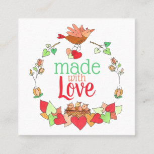 Mother and Baby Birds in Nest Made with Love Cute Square Business Card