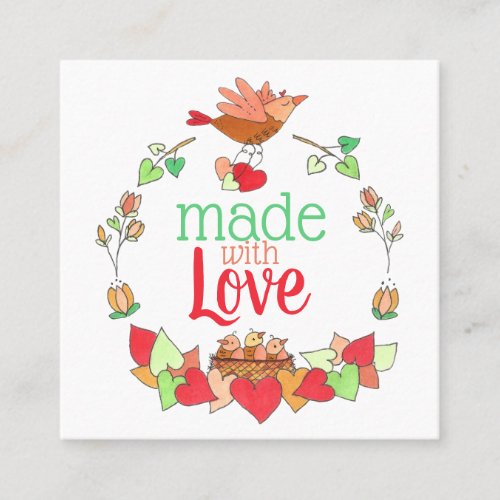 Mother and Baby Birds in Nest Made with Love Cute Square Business Card