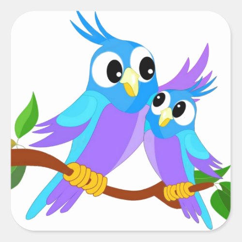 Mother and Baby Cartoon Parrots Square Sticker