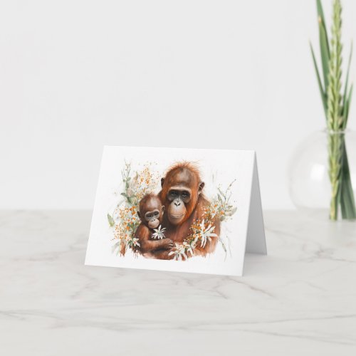 Mother and baby Chimp with flowers greeting card