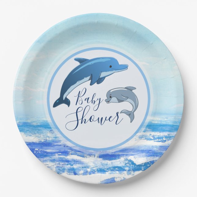 Mother and Baby Dolphin Ocean Baby Shower Paper Plates (Front)